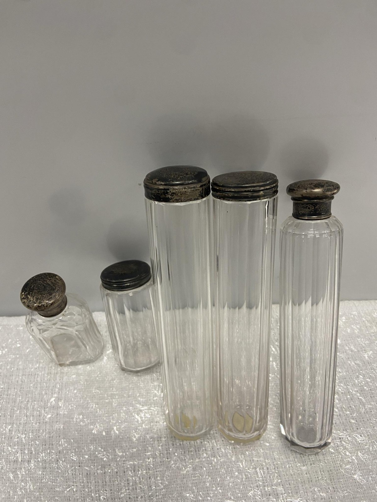 Vintage Mappin Brothers Glass Vanity Bottle Set Of 5 Sterling Silver Lids UK
