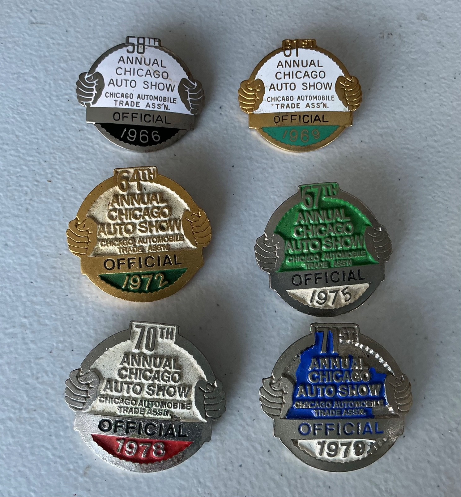 Vintage Chicago Auto Show OFFICIAL Badges Buttons 1966 1969 1972 1975 1978 1979