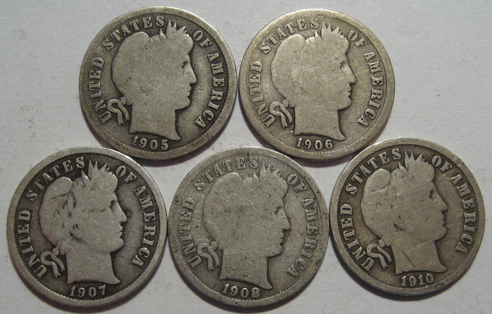 5 COINS = 1905-S 1906-S 1907-S 1908-S 1910-S BARBER Dimes, Nice Dates & Rims