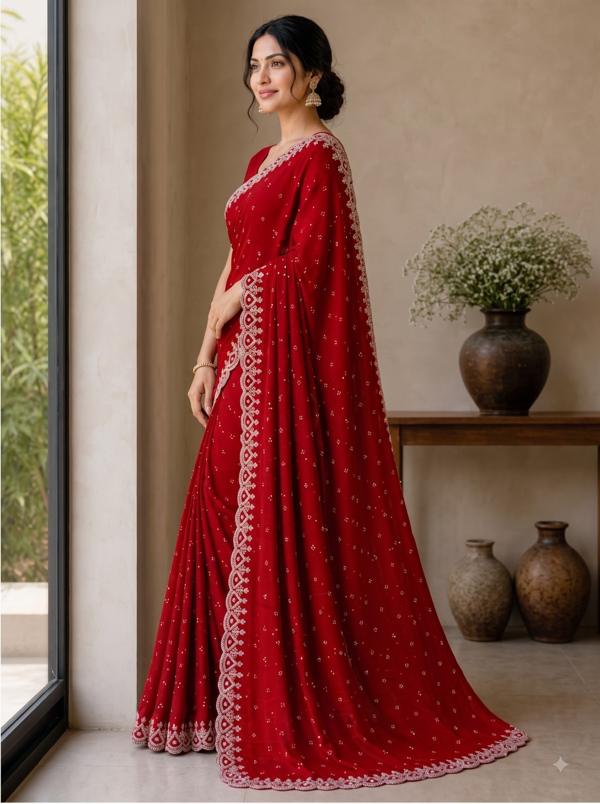 Embroidered Embellished Georgette Bollywood Saree Red with Unstitched Blouse Embroidered Embellished Georgette Bollywood Saree Red with Unstitched Blouse