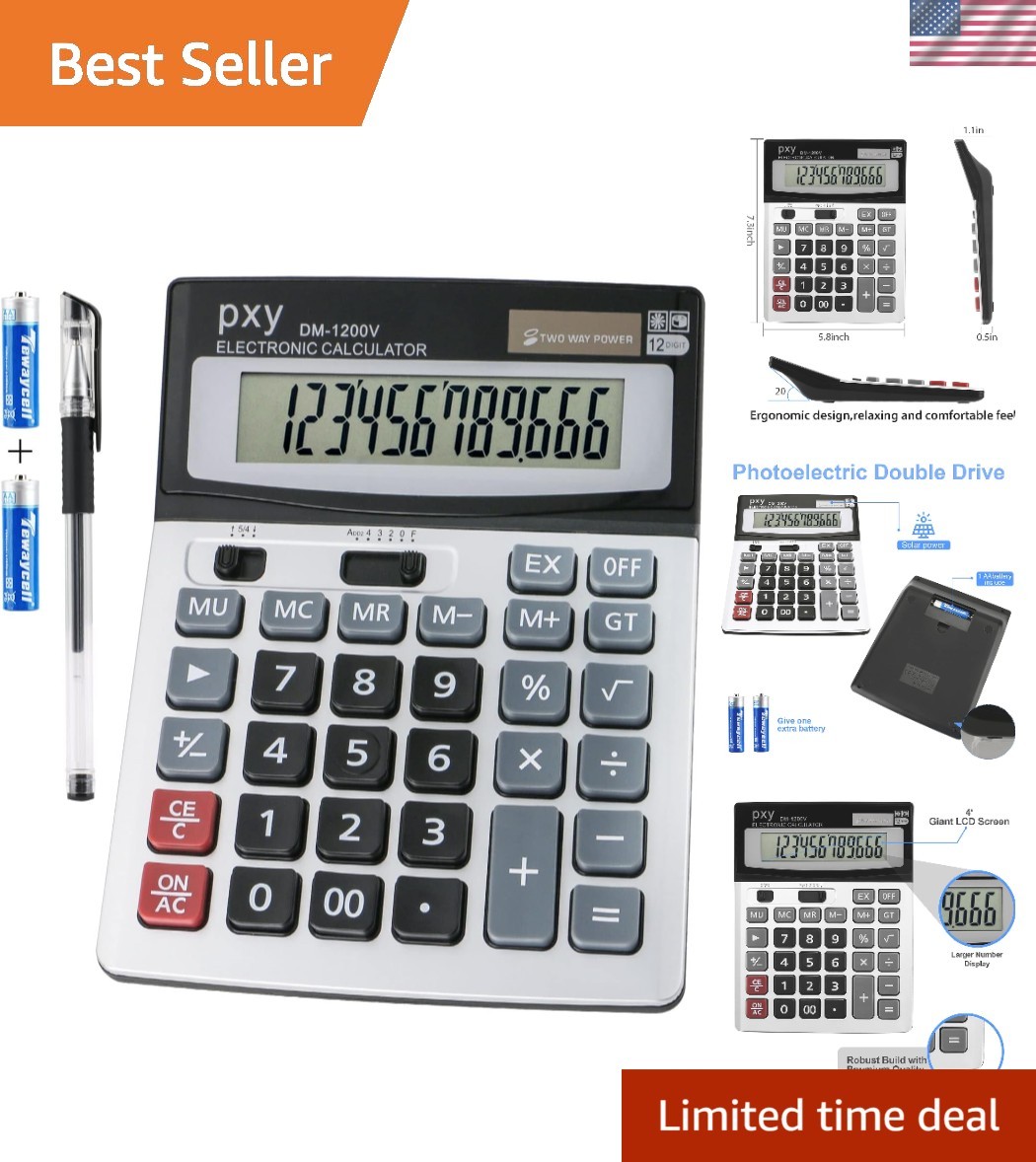 Stylish 12-Digit Hand Calculator - Solar & Battery Power, Perfect for Office Use