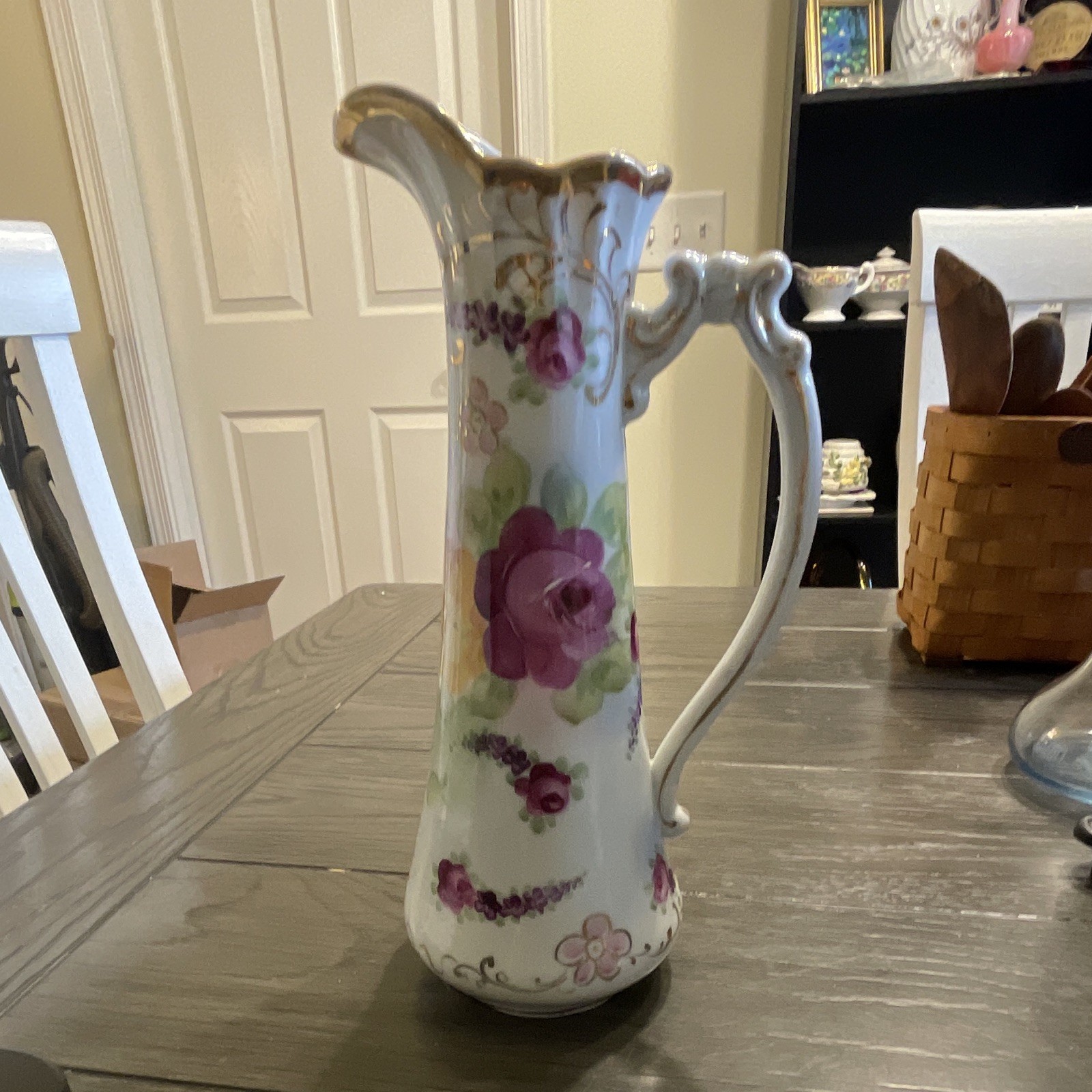 Antique Hand Painted Porcelain Floral Pitcher Vase 11” Tall Pink Rose Gold Gilt