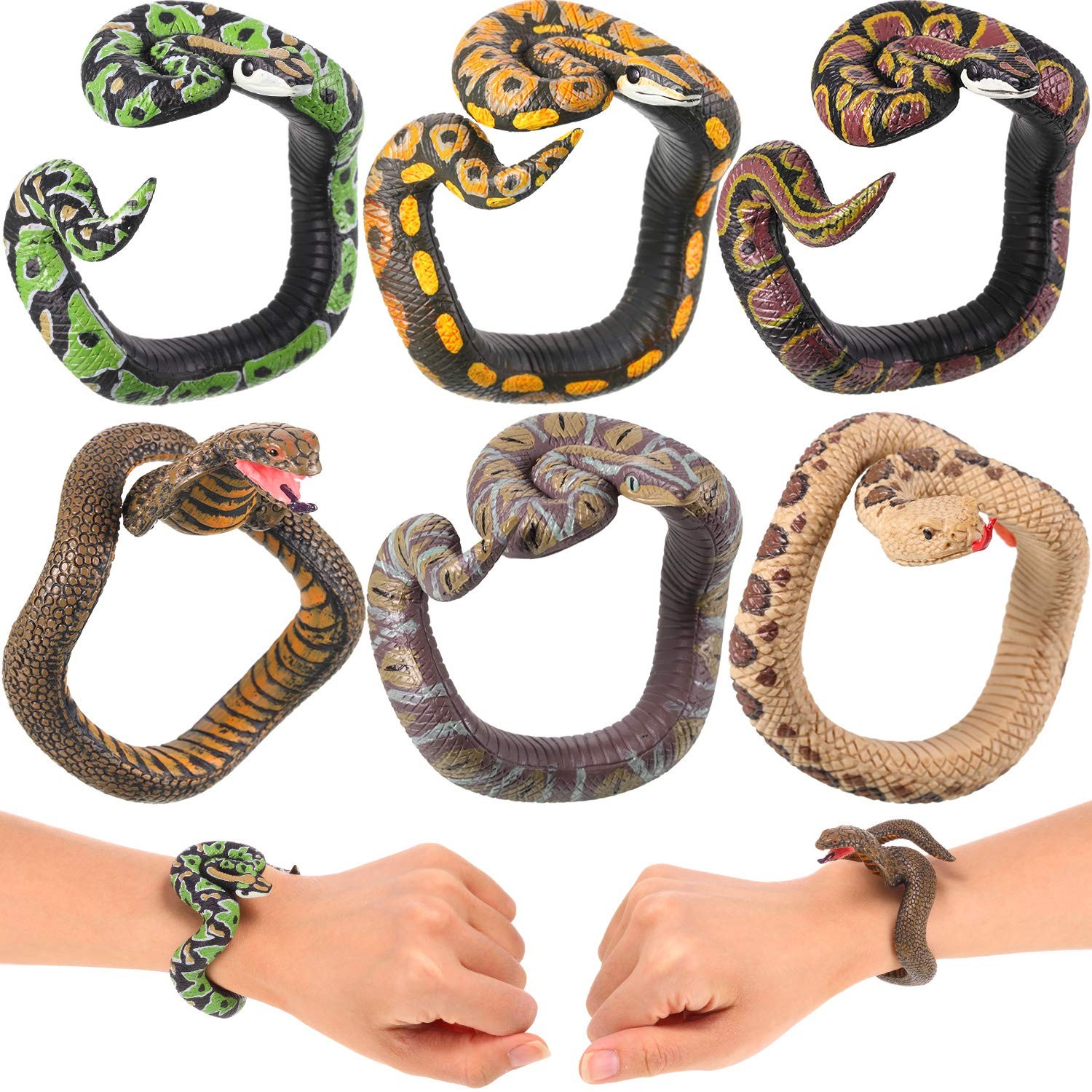 Sumind 6 Pieces Fake Snake Bracelet PVC Realistic 2.67 X 1.77 Inch, Assorted