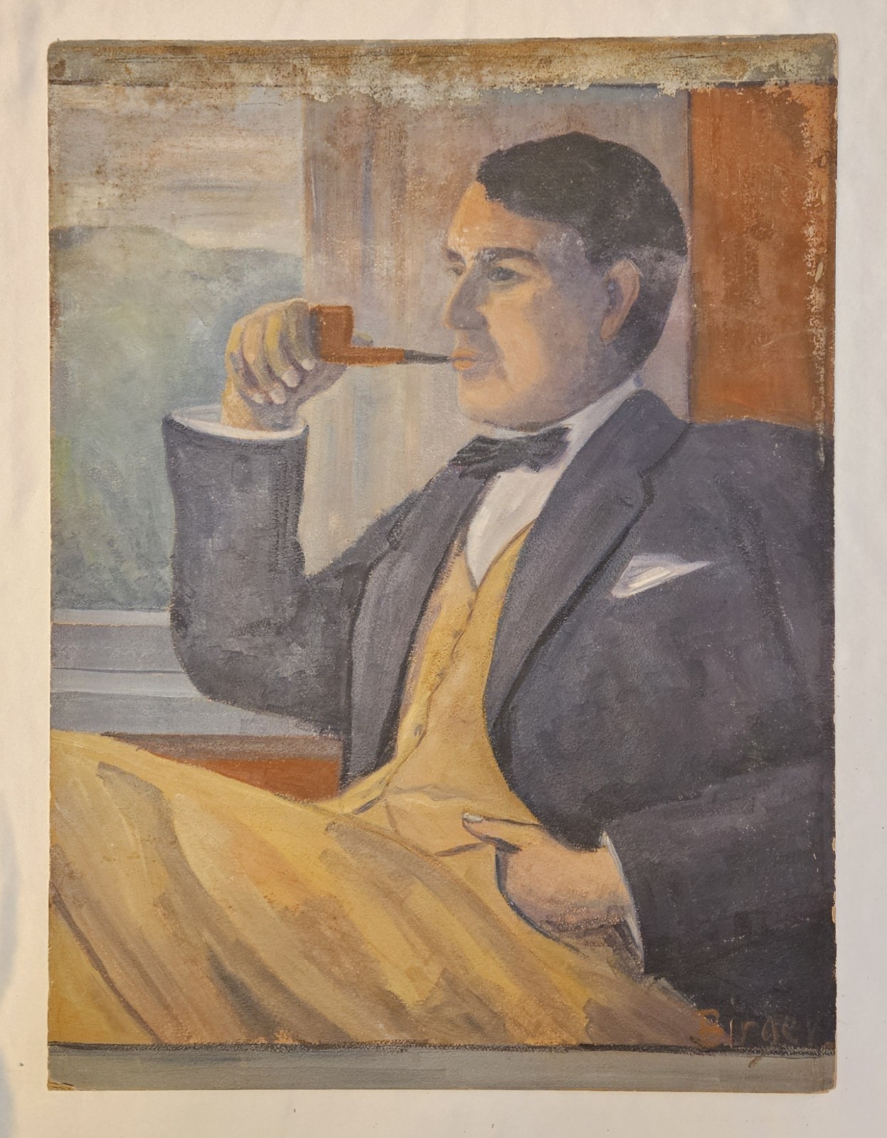 Birger Birger-Ericson Swedish Portrait Gentleman Pipe Gouache Signed 1904-1994