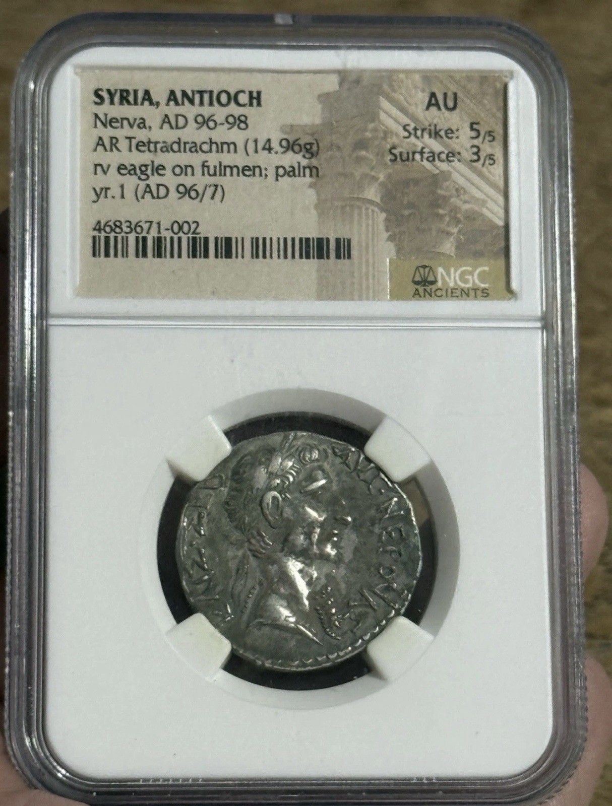 Antioch NERVA AD 96-98 AR TETRADRACHM 5/5 Strike RARE COIN