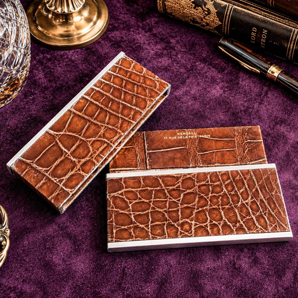 Luxurious Antique Art Deco French Alligator Leather and Silver Card Case Box