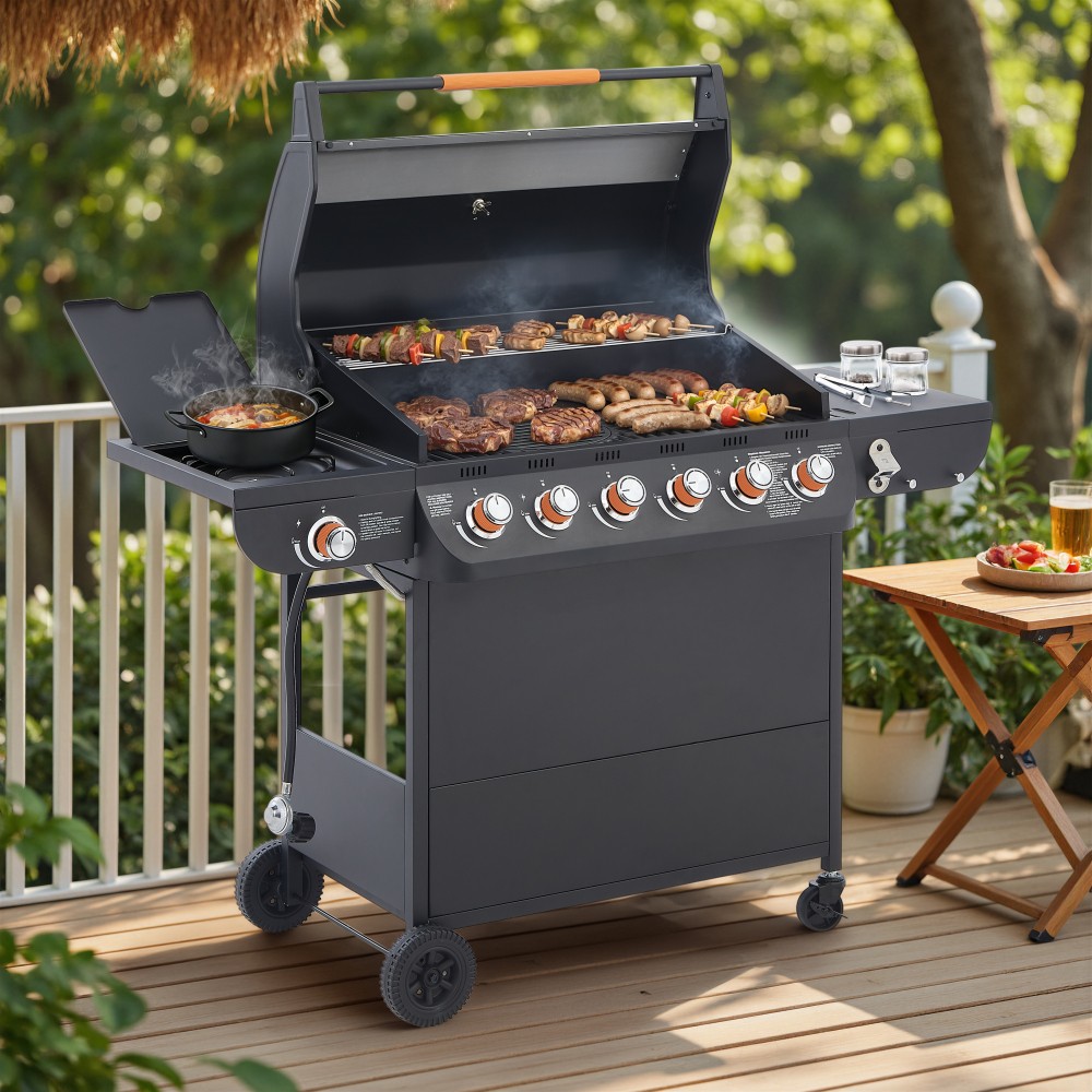 6 Burner BBQ Propane Gas Grill with Side Burner 72000 BTU Output Stainless Steel 6 Burner BBQ Propane Gas Grill with Side Burner 72000 BTU Output Stainless Steel
