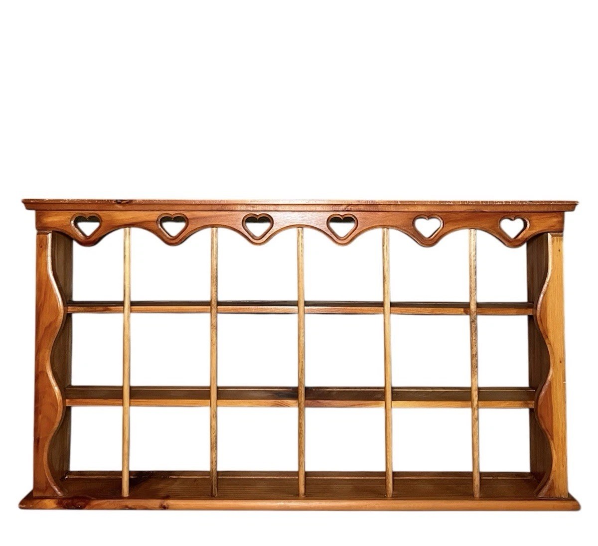 Vintage MCM Pine Wood 3-Tier Wall Hanging Curio Display Shelf Carved Hearts