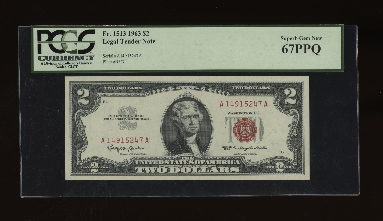 DBR 1963 $2 Legal Superb Gem Fr. 1513 PCGS 67 PPQ Serial A14915247A