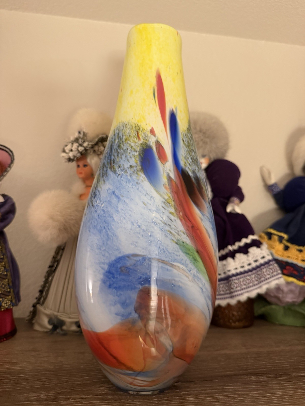 MCM 13’’ Vintage Italian Art Glass Vase Blue Yellow Orange Fire & Water flame