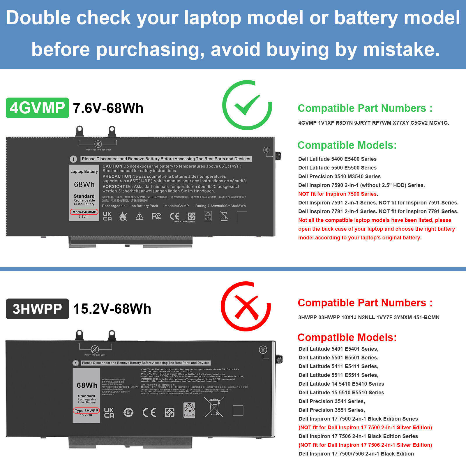 🧡LOT 1-30x 4GVMP Battery For Dell Latitude 5400 5500 Precision M3540 9JRYT 68Wh
