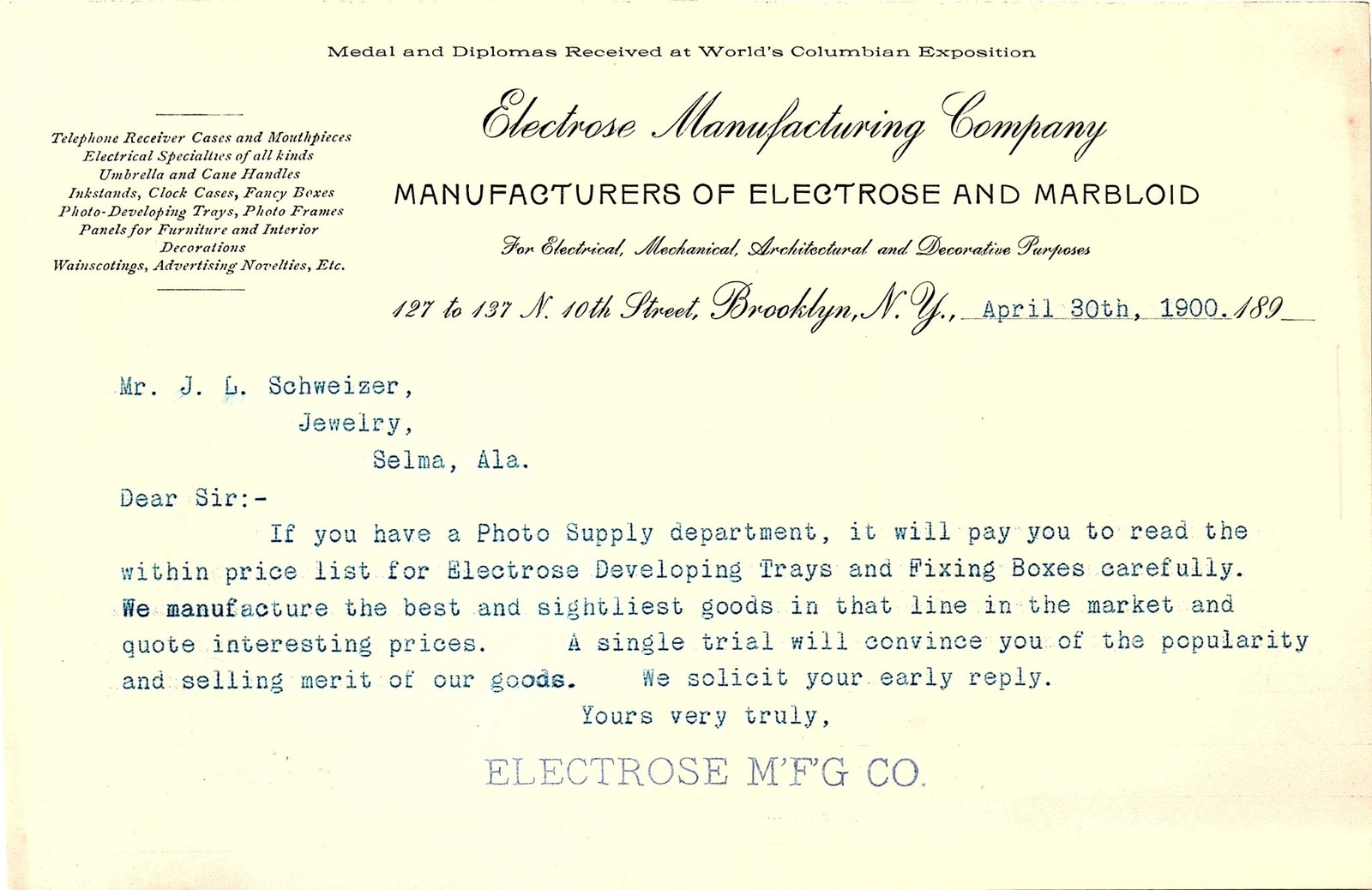1899 Electrose Mfg. Co. Brooklyn letterhead, photo supplies