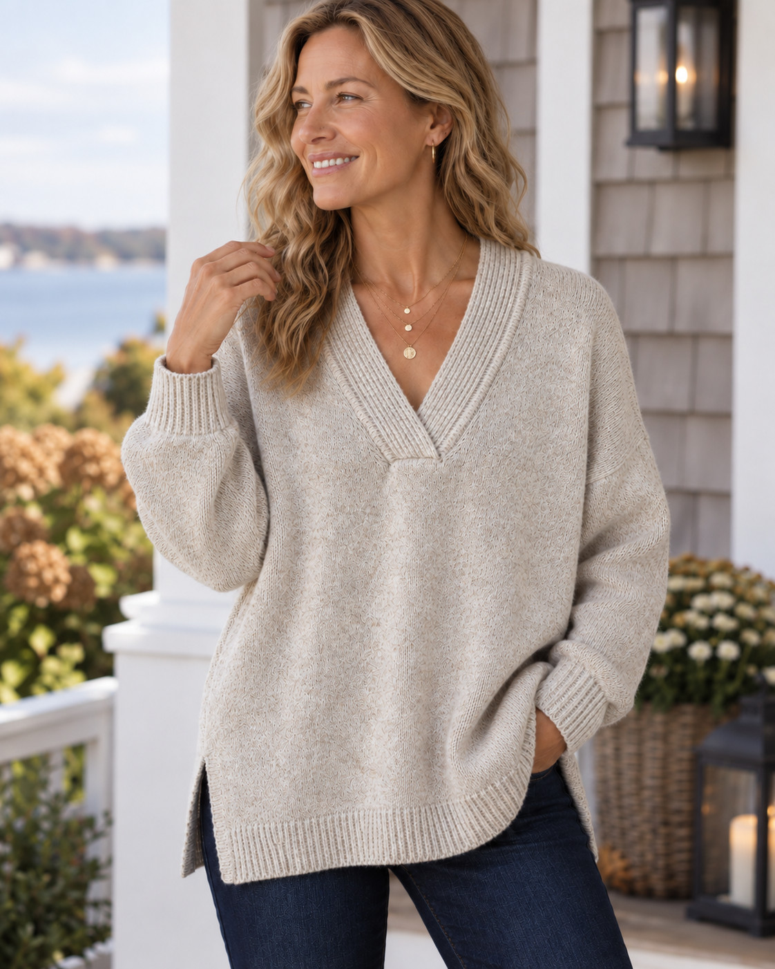 J Jill Sweater Womens Medium Oatmeal V Neck Pullover Speckled Knit Cotton Blend