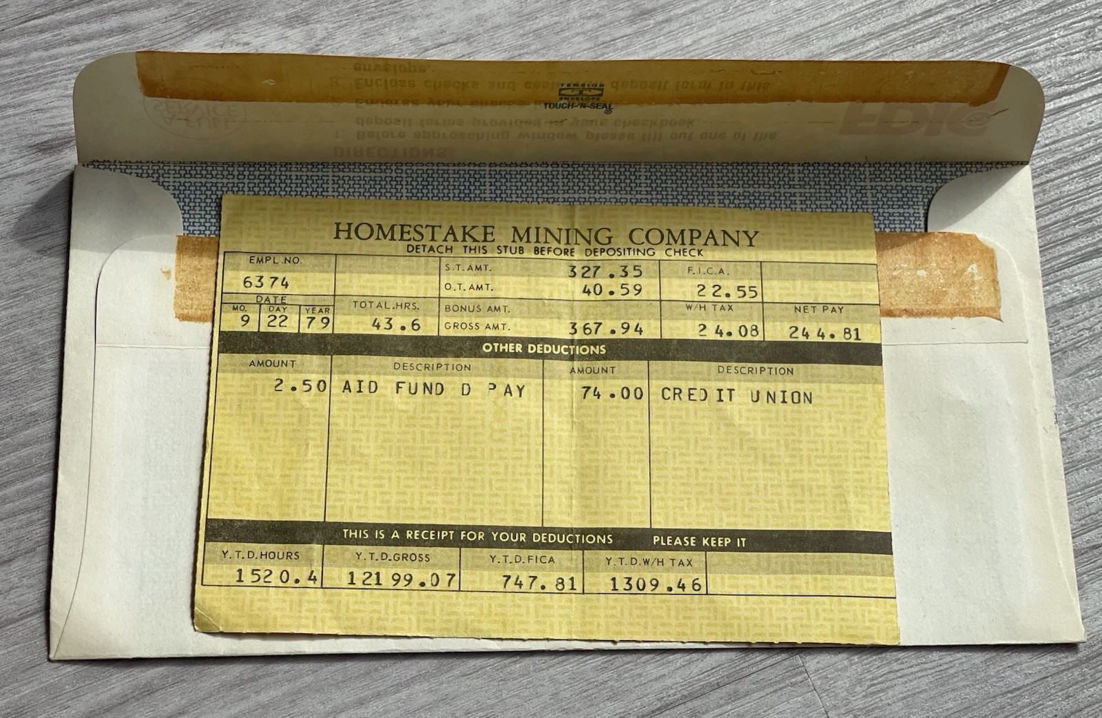 Vintage 1979 Homestake Mining Co Pay Stub Lead SD Gold Mine Payroll Ephemera