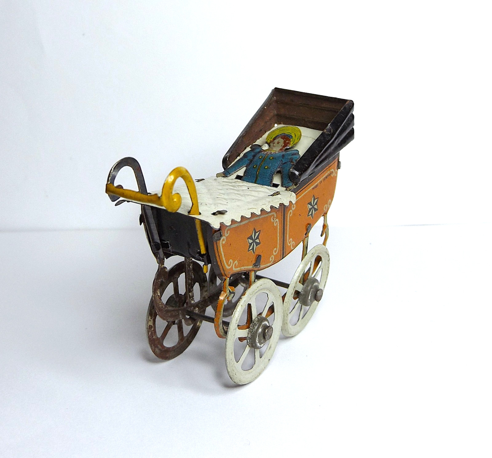 ANTIQUE c. 1910 GERMAN Lithographed Tin Baby Carriage, Buggy, Stroller PENNY TOY