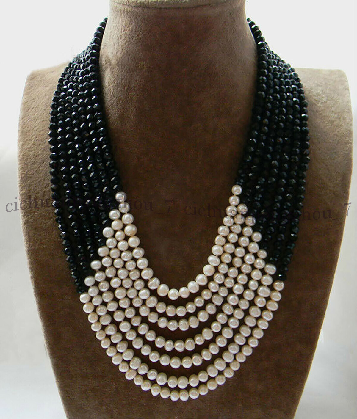 7 Strands Faceted 6mm Black Agate 6-7mm Natural White Pearl Necklace 17-23''