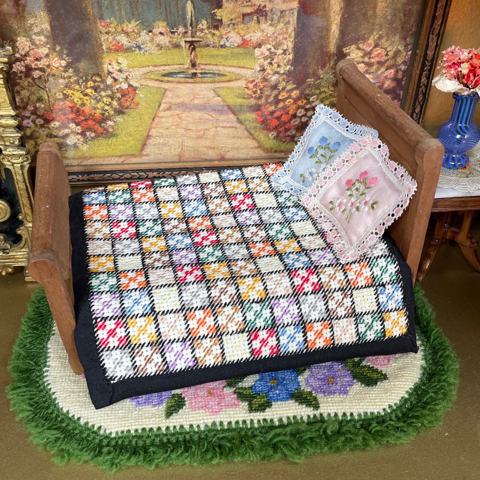 Vtg Artisan Petit Point Dollhouse Quilt or Rug Handmade Needlepoint Bed Blanket