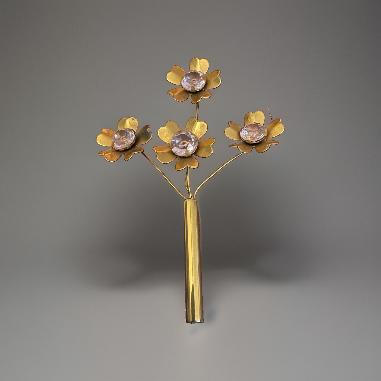 Vintage Old  Czech Republic Brass Brooch, Flower Bouquet , With Crystals 4x3 in