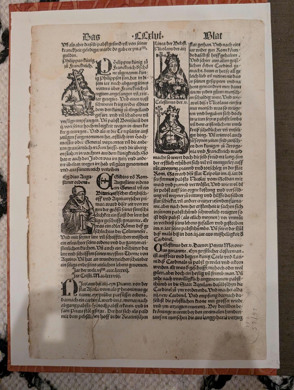 1496 Nuremberg Chronicle Original Leaf – Woodcut Portraits of Popes and Bishops