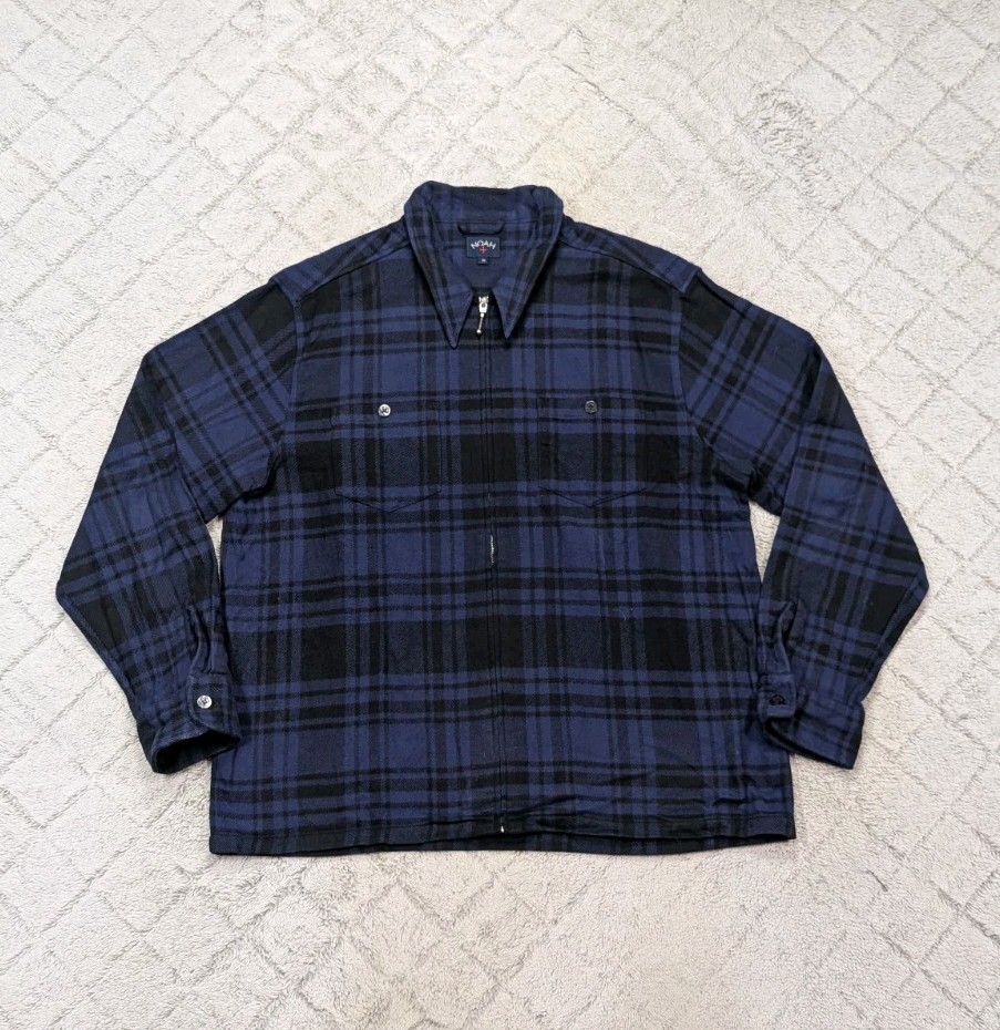 Noah Jacket Mens XL Blue Navy Plaid Full Zip Heavy Cotton Flannel Overshirt