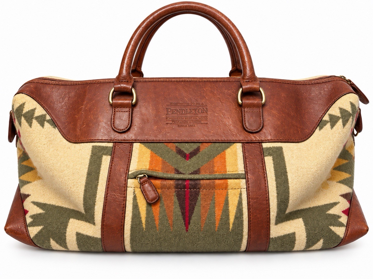 Vintage Pendleton Southwestern Aztec Wool Leather Weekender Duffle Bag Brow