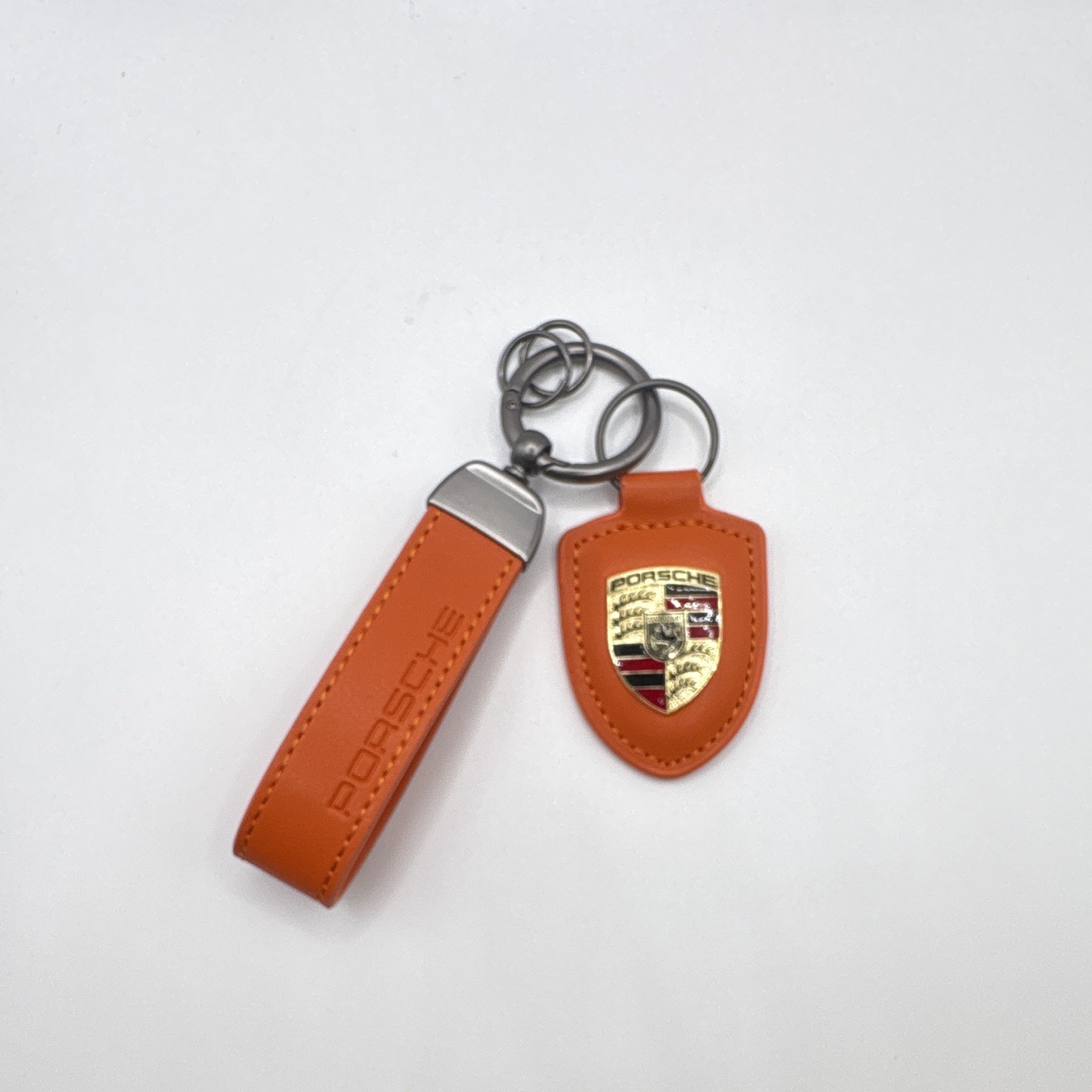 NEW - Custom Porsche Car Crest Emblem Orange Leather Key Chain Key Ring Holder