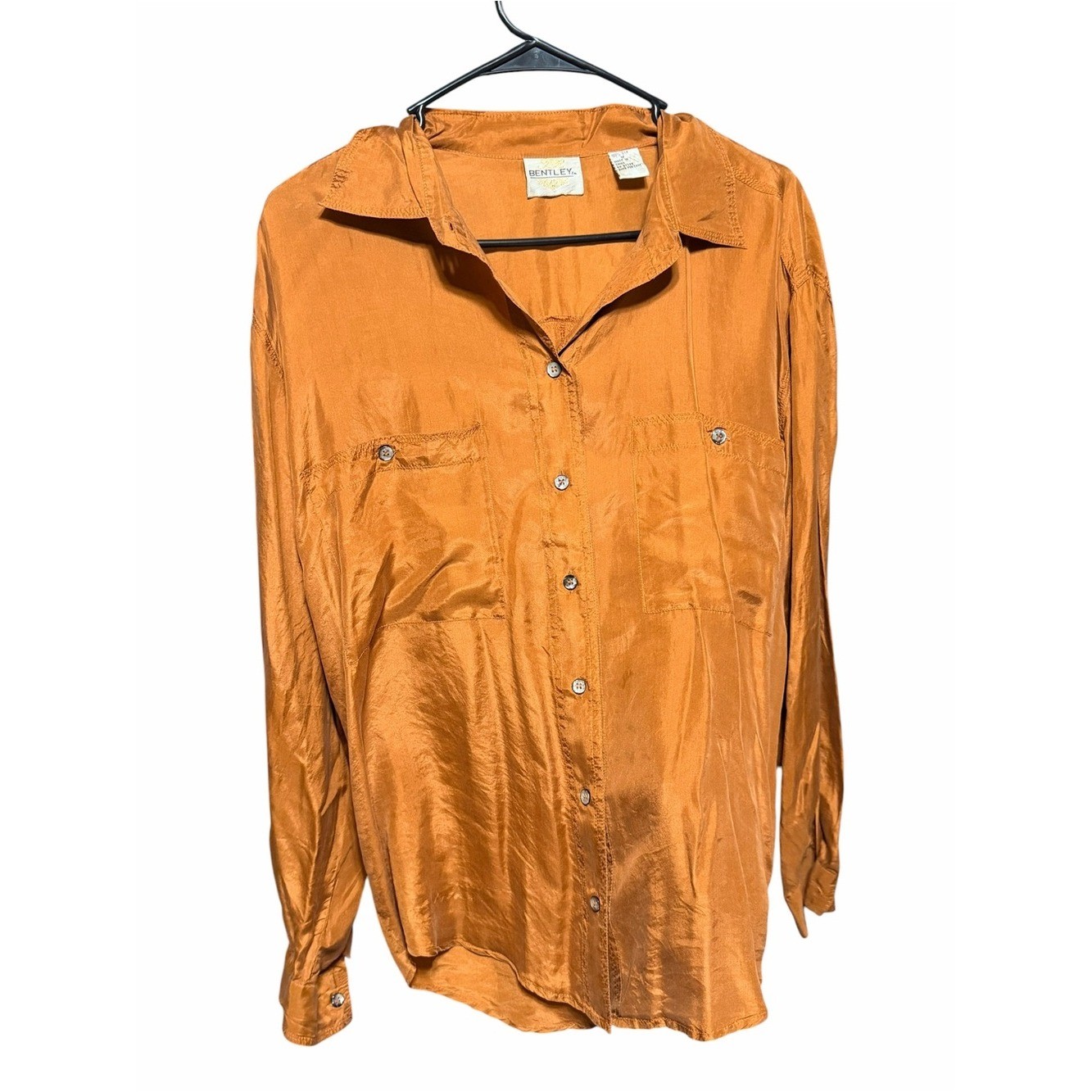 Vintage Bentley 100% Silk Shirt Womens M Rust Orange Oversized Button Up Blouse