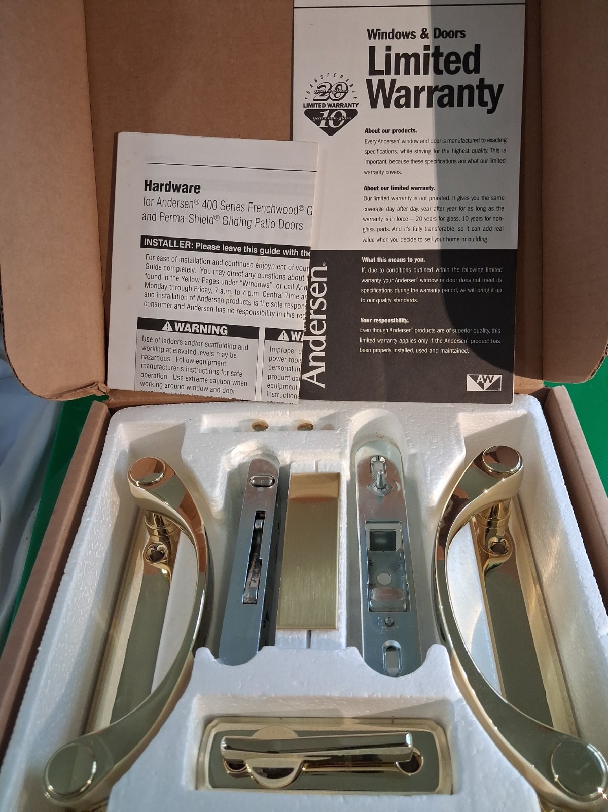 Andersen Newbury 2 Panel Gliding Door Hardware Set - Bright Brass NOS in Box Andersen Newbury 2 Panel Gliding Door Hardware Set - Bright Brass NOS in Box