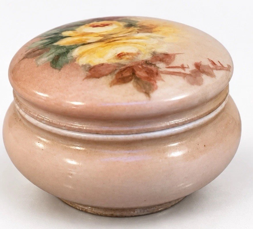 Antique Limoges France Hand Painted Porcelain Trinket Box Jar Yellow Roses