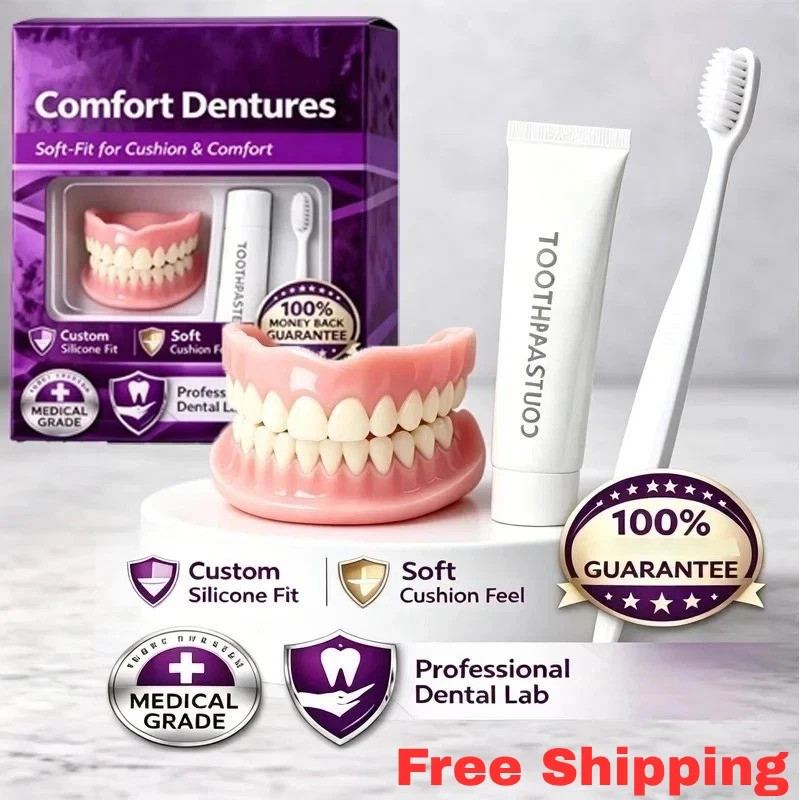 Moldable Silicone Dentures Upper Lower False Teeth Set Instant Smile Toothbrush 