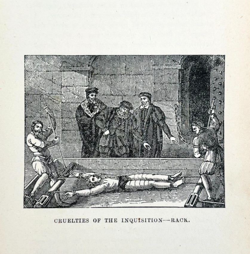 1900 The Rack Torture Spanish Inquisition Wood Engraving Victorian Religion A4A