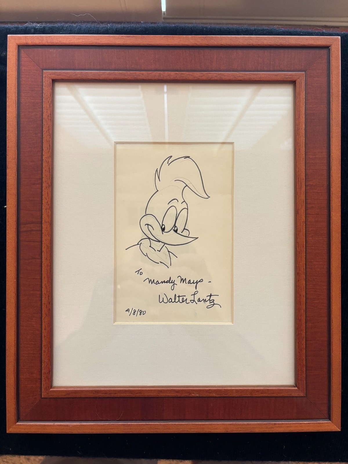 Vintage Walter Lantz Framed Handdrawn, Dated & Signed 