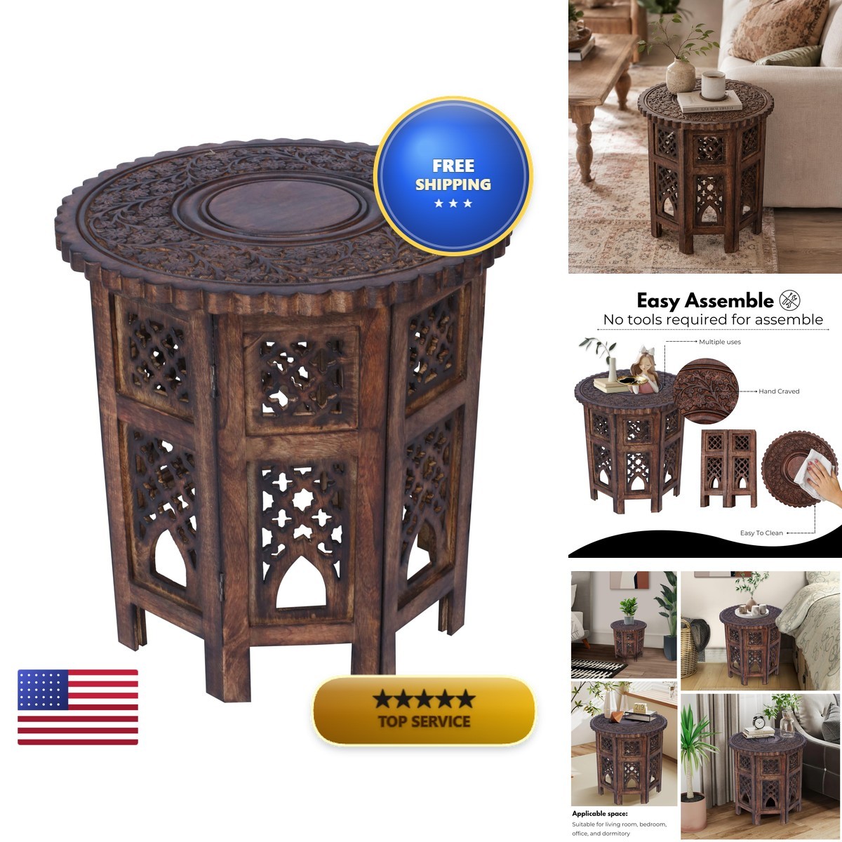 Woodify Side Table Mango Wood 18x18 Octagon Natural Burnt Accent Table