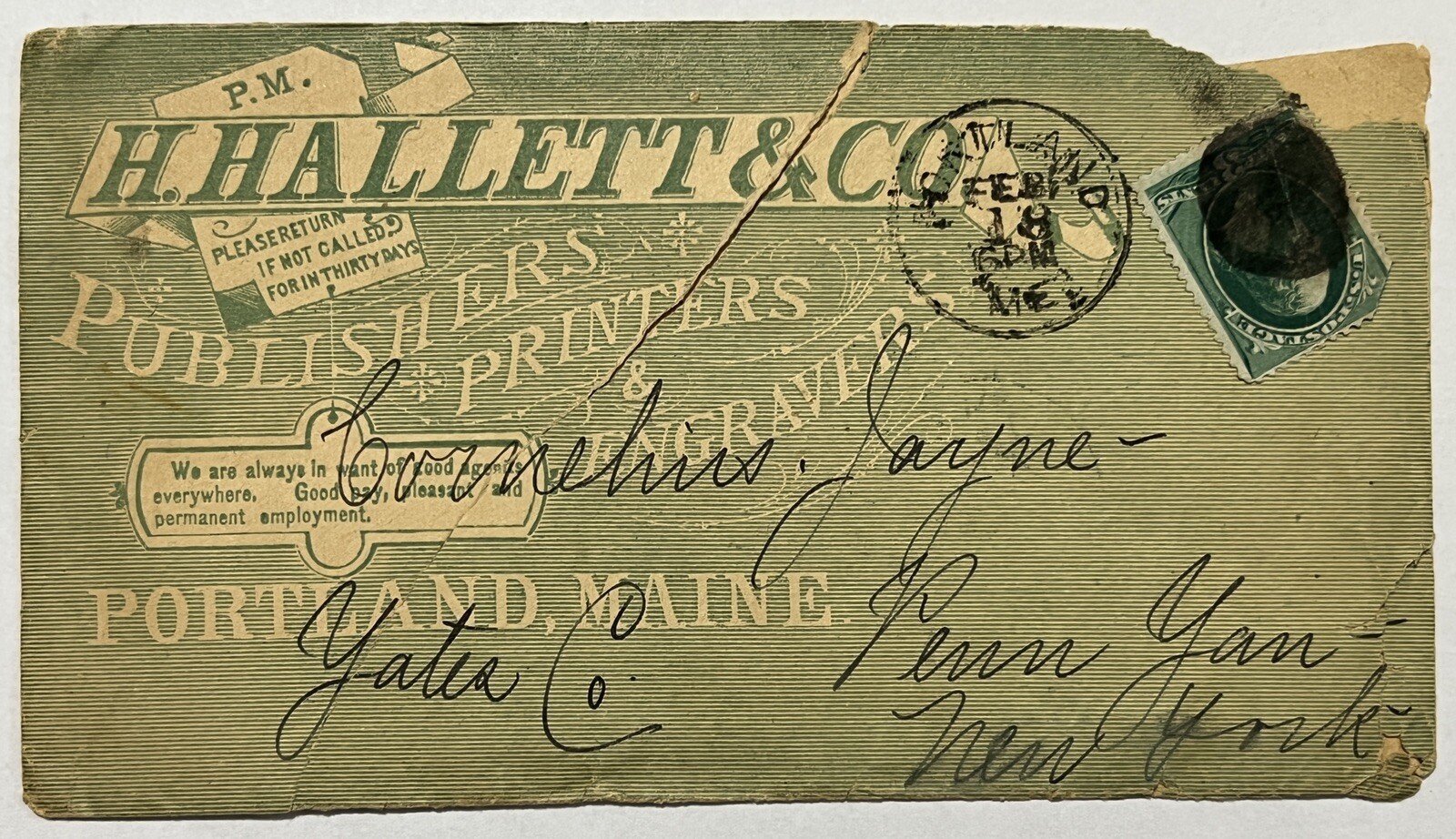1800\'s H. HALLETT & CO. PUBLISHERS PRINTERS, PORTLAND MAINE COVER TO NEW YORK