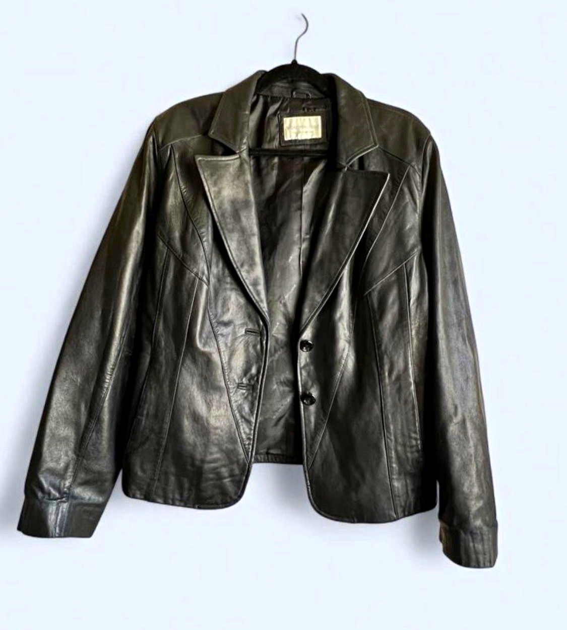 Vtg Worthington Women’s Black 100%Leather Blazer Jacket Button Lined Pockets L Vtg Worthington Women’s Black 100%Leather Blazer Jacket Button Lined Pockets L