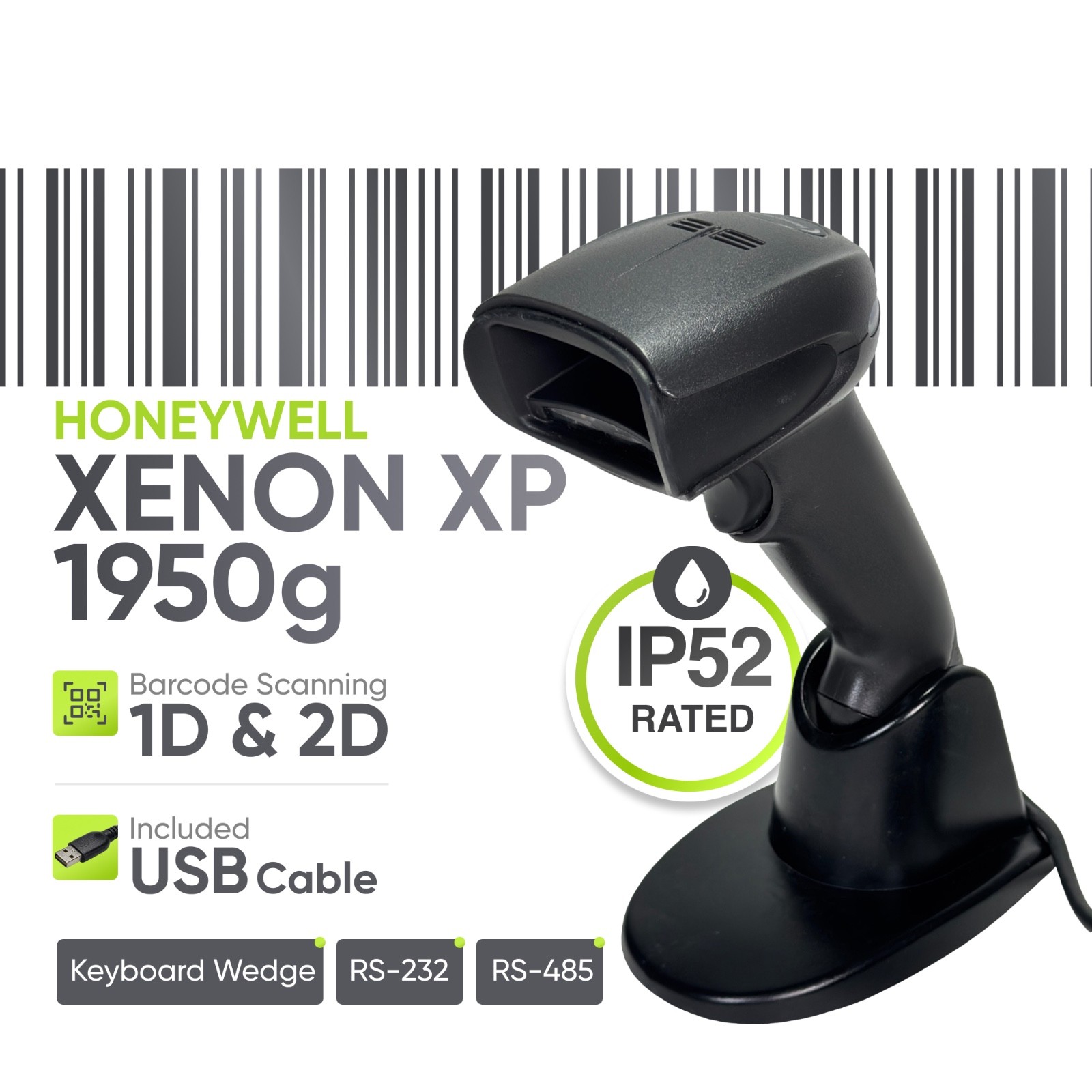 Honeywell Xenon 1900 Barcode Scanner 1950GSR-2-2-INT-N Reader w/Stand+USB Cable
