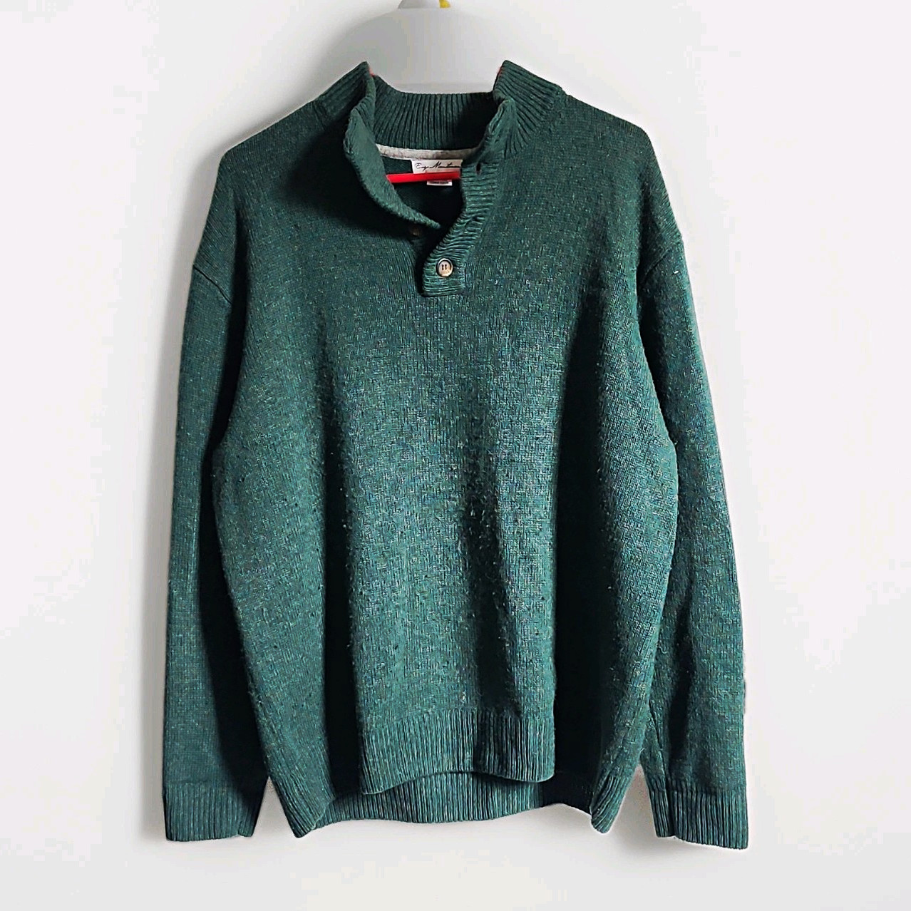 Enzo Mantovani Men’s L Wool Knit Mock Neck Button Pullover Sweater Green