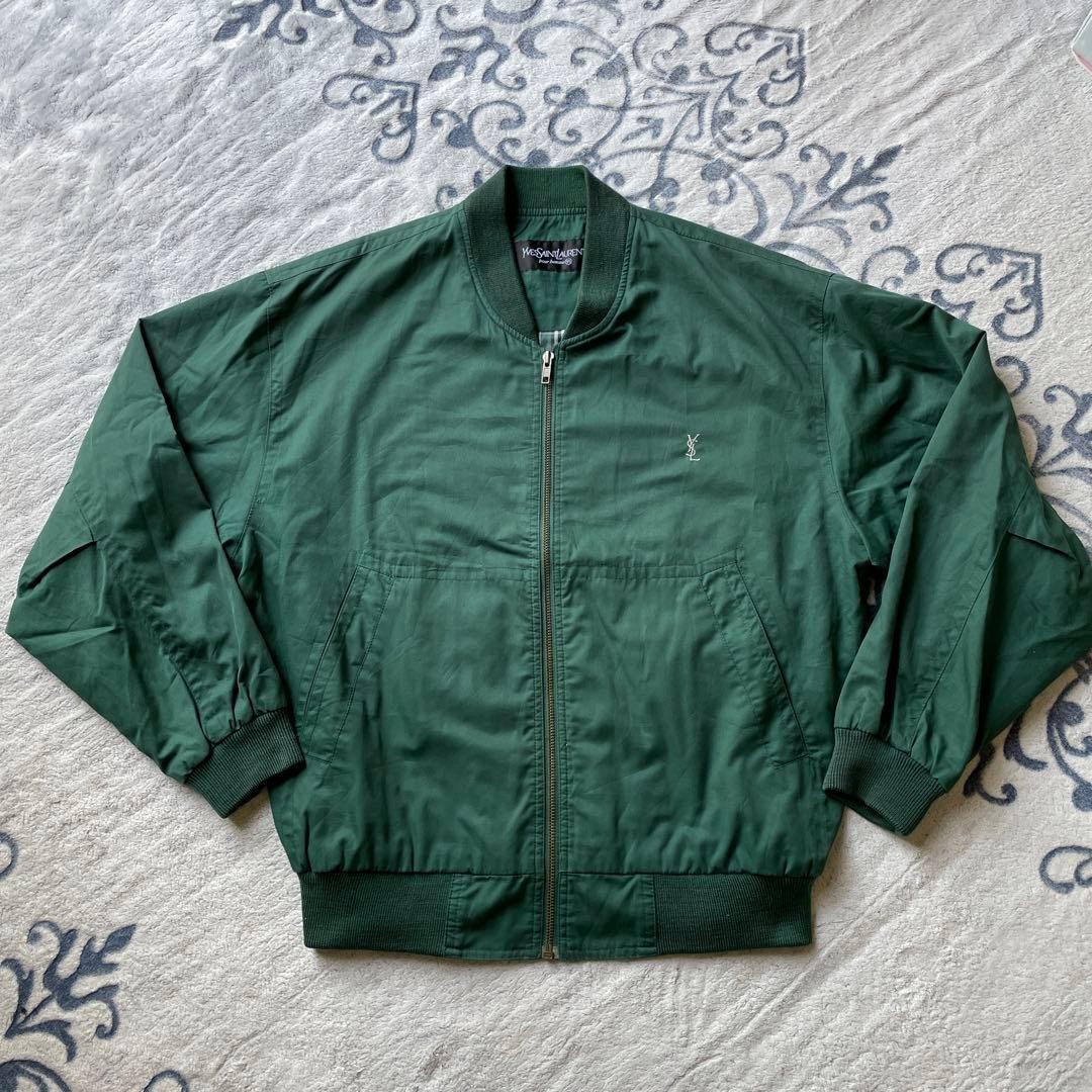 Vintage YVE Ssaint Laurent Pour Homme 95 Blouson Jacket Size L Green Length 72cm