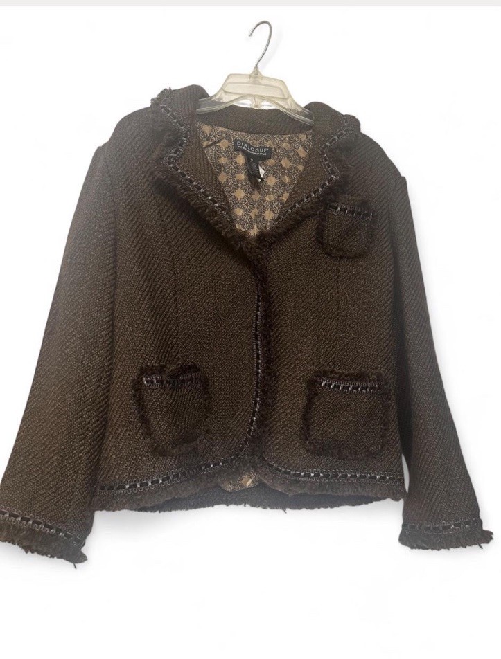 Dialogue Women’s Size 16 Brown Wool Blend Tweed Fringe Jacket Blazer Lined Dialogue Women’s Size 16 Brown Wool Blend Tweed Fringe Jacket Blazer Lined