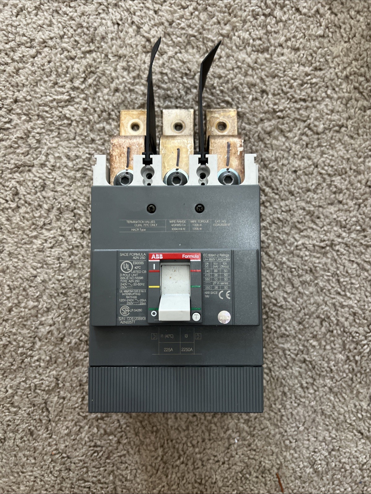 A2N225TT ABB 3-Pole 225A Circuit Breaker With Load Side Lugs NEW 🟥