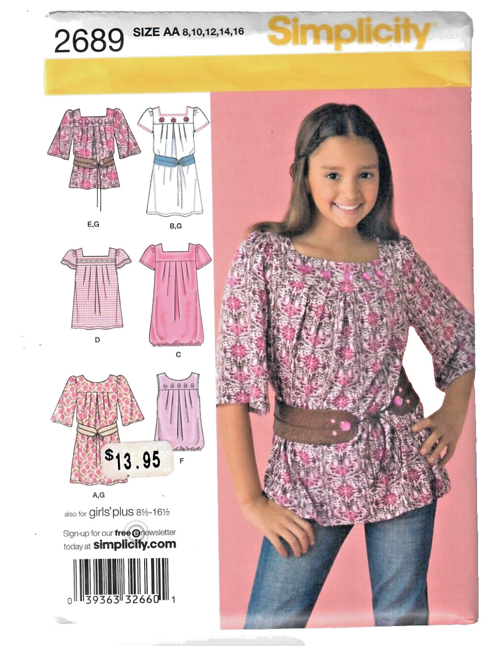 Simplicity 2689 Girls/Girls+ Yoke Dress OR Tunic & Belt Sz 8-16 Sewing Pattern