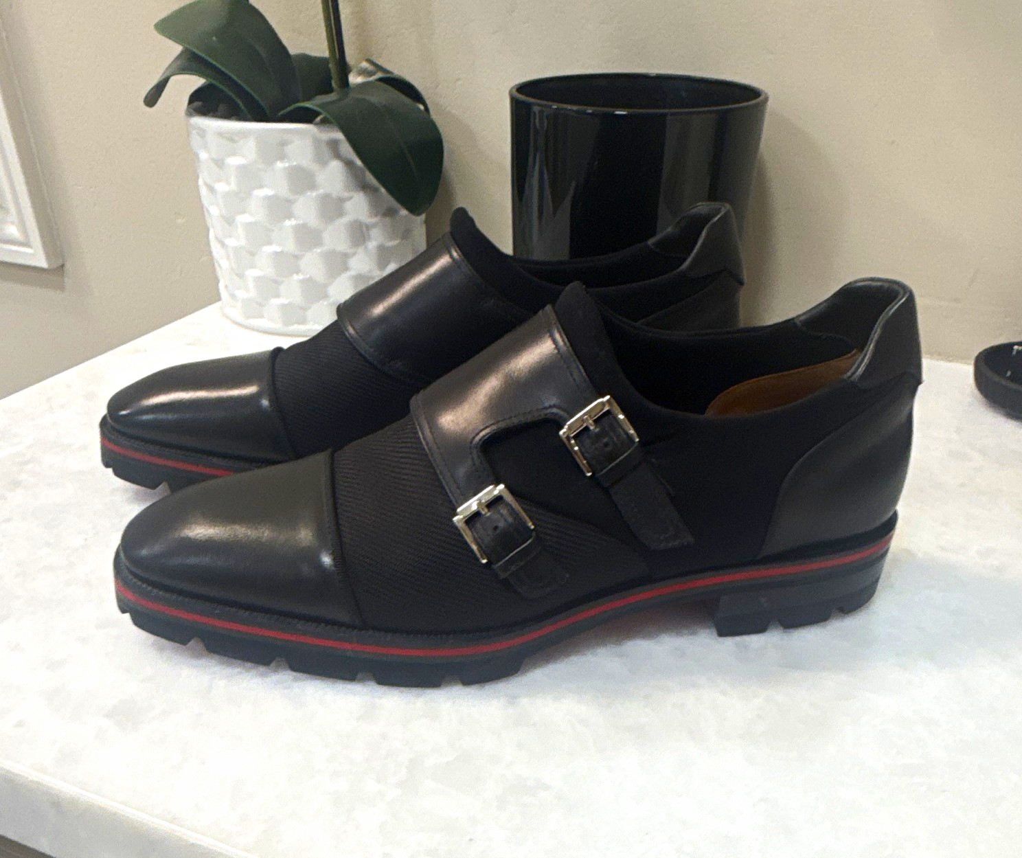 Christian Louboutin Men’s Black Leather Double Monk Strap Red Sole Shoes 10.5 Christian Louboutin Men’s Black Leather Double Monk Strap Red Sole Shoes 10.5