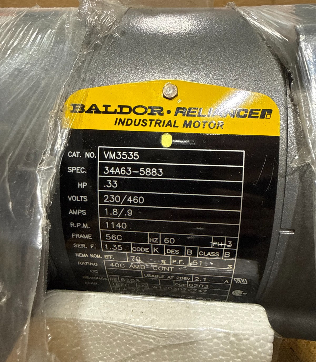 NEW-OPENBOX: BALDOR VM3535-SPEC 34A63-5883- MOTOR 3-PHASE, 0.33HP - 230/460V NEW-OPENBOX: BALDOR VM3535-SPEC 34A63-5883- MOTOR 3-PHASE, 0.33HP - 230/460V