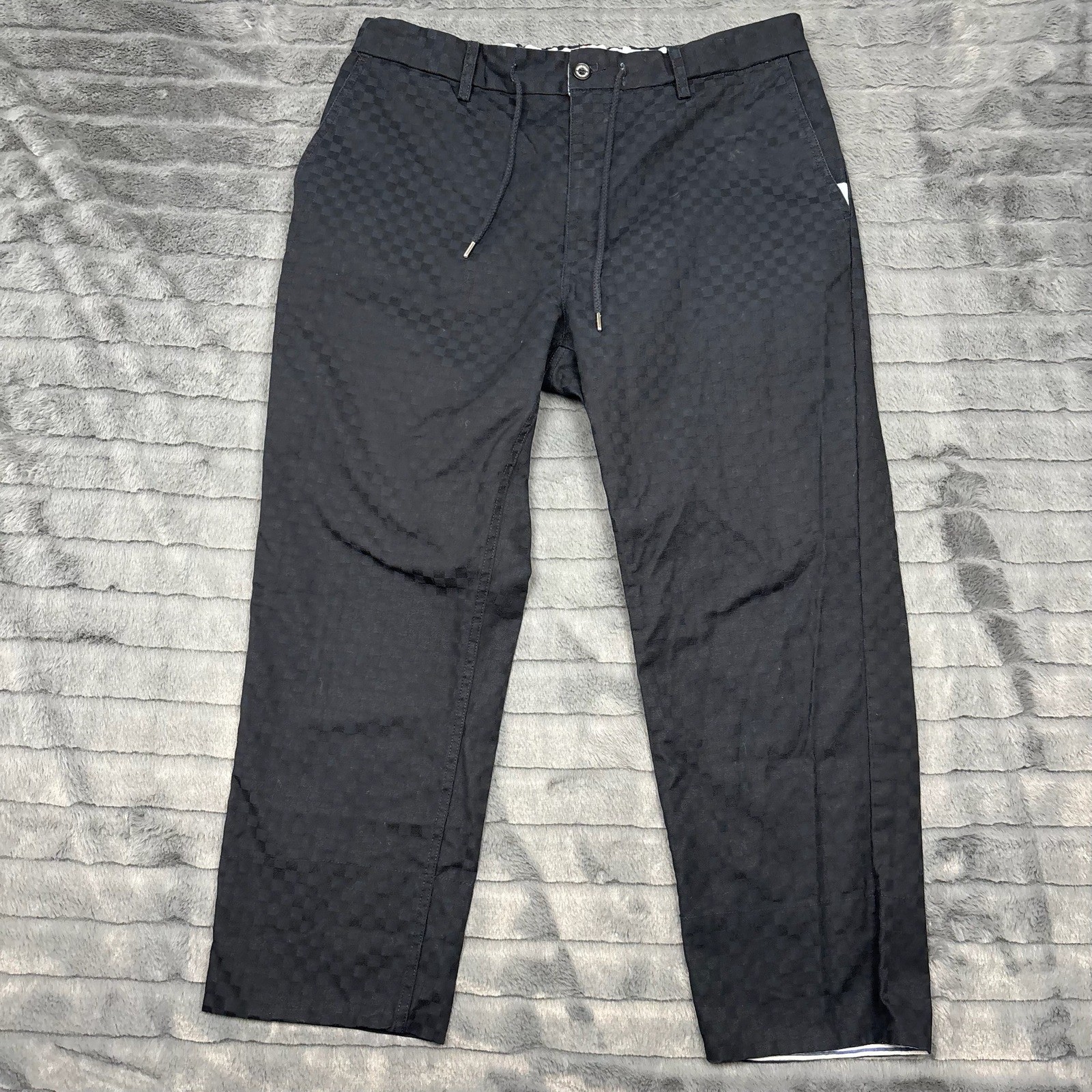 Beams Heart Trouser Mens XL Black Checkerboard Drawstring Relaxed Straight Pants
