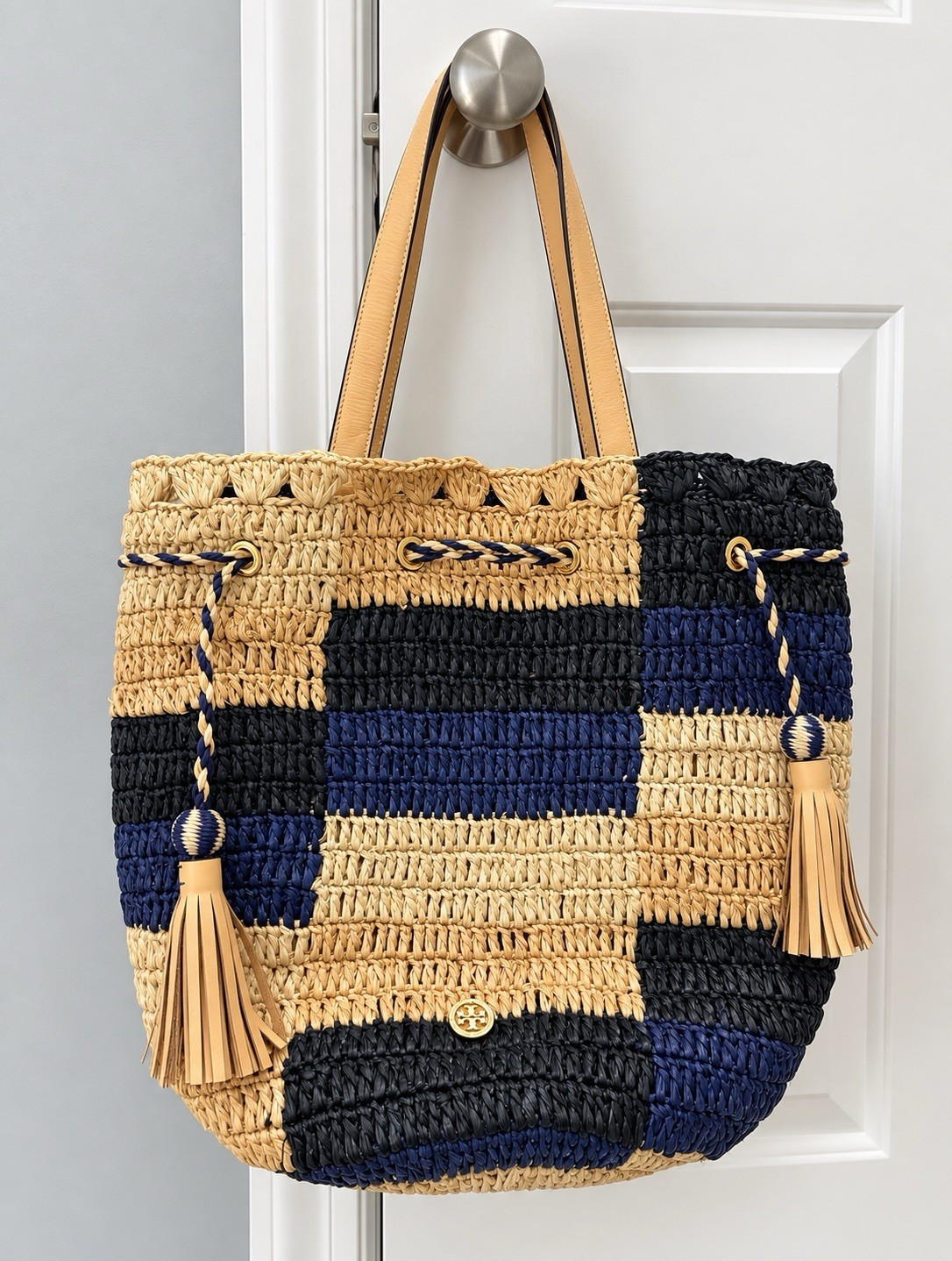 Tory Burch Raffia Woven Beach Tote Natural Navy Black NWT Style 51159558