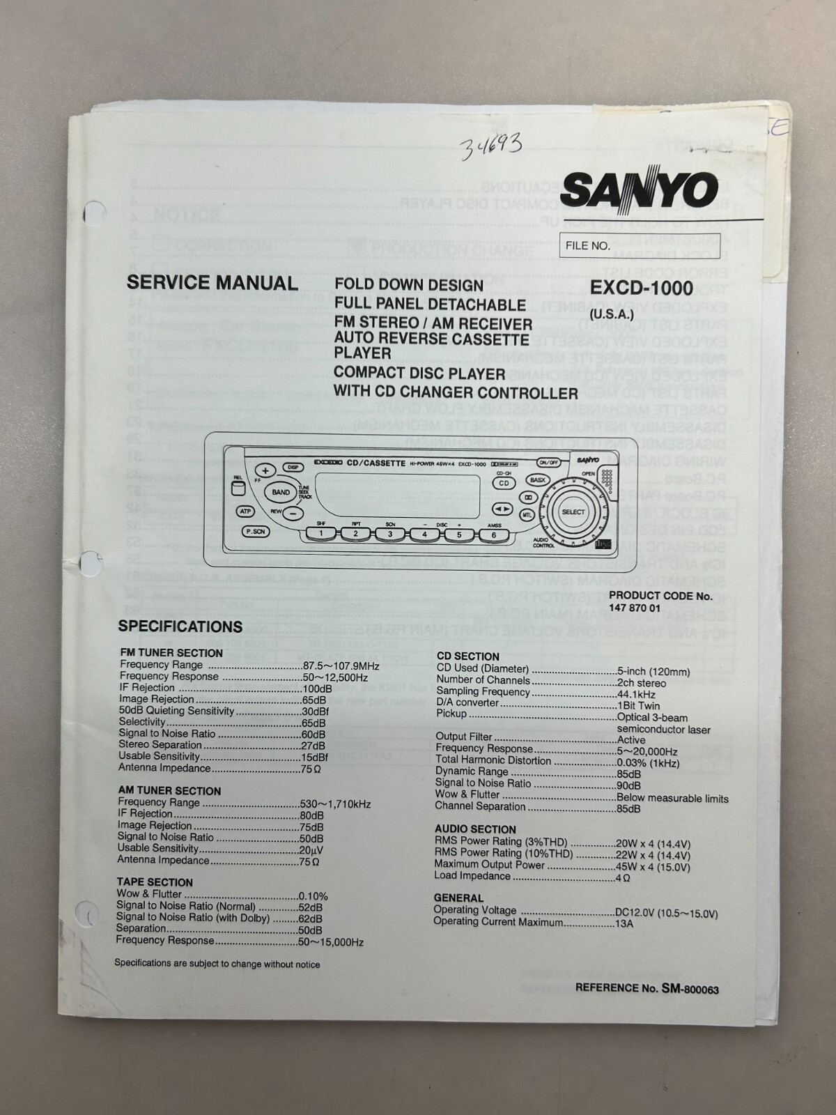 Sanyo EXCD-1000 Original Service Manual 