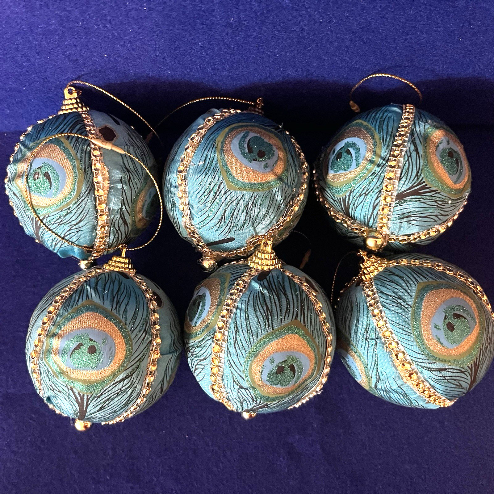 Peacock Feathers Kimekomi Style Ornaments Lot of 6 Handmade 3 inch Blue