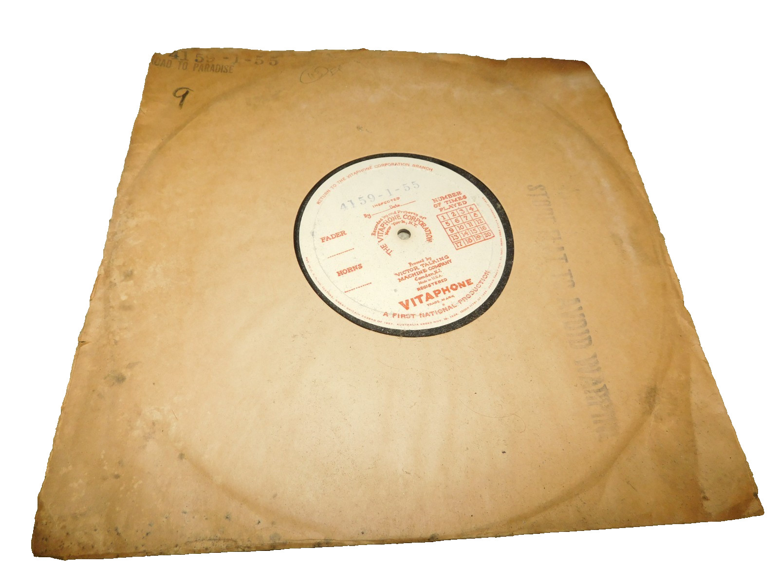 VINTAGE RARE Vitaphone disc 4159-1-55 ORIGINAL RECORD IN SLEEVE VINTAGE RARE Vitaphone disc 4159-1-55 ORIGINAL RECORD IN SLEEVE