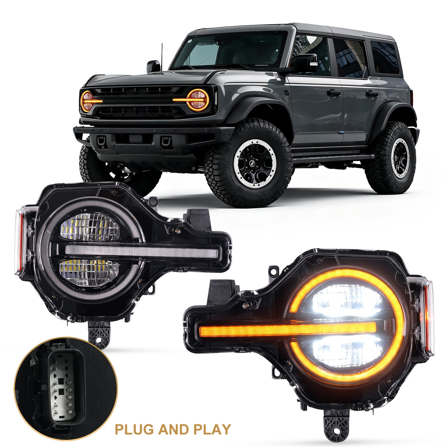LED Projector Headlights For 2021-2025 Ford Bronco White/Amber DRL Sequential
