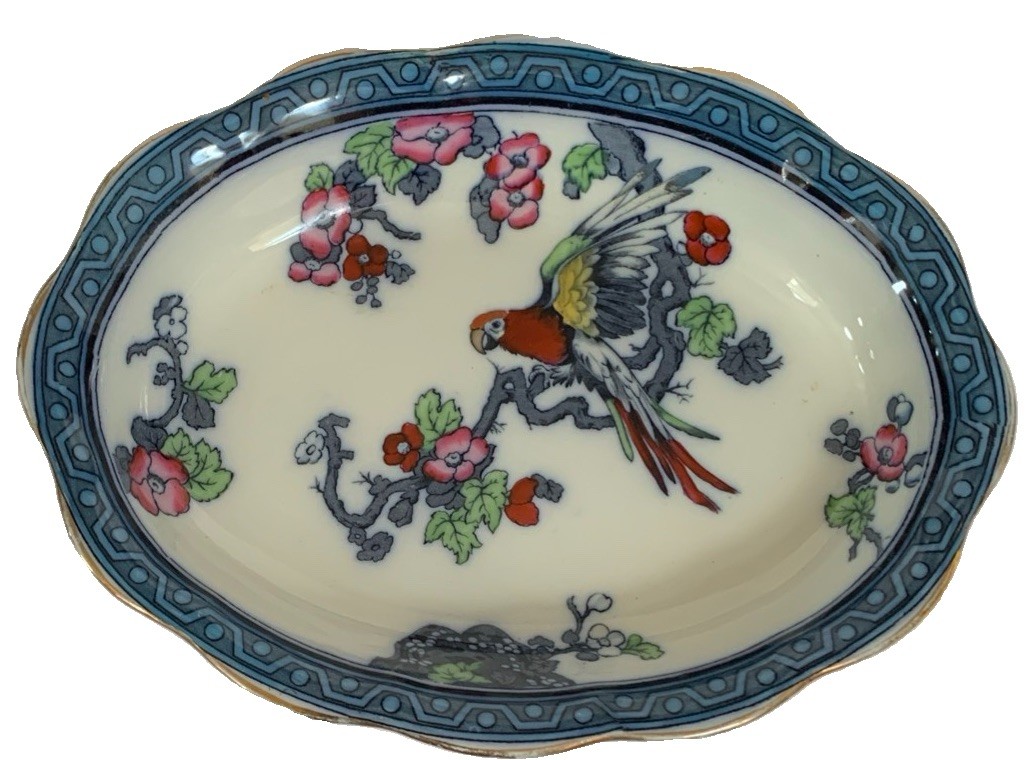 VTG Keeling Losol Ware ANDES Exotic Parrot Macaw Floral Chinoserie Platter 11x8”